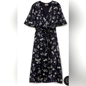 Silk faux-wrap black floral dress